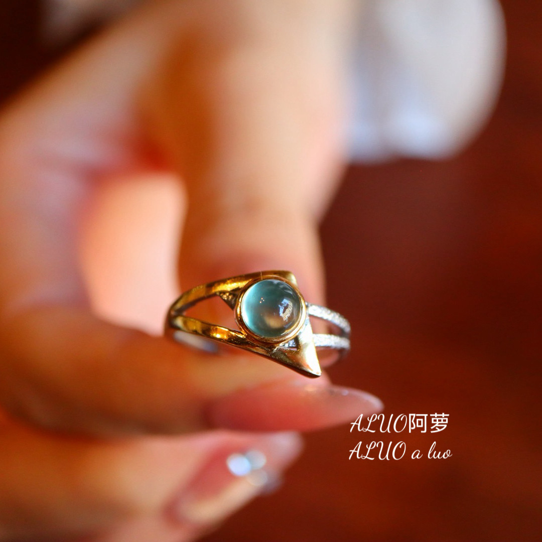 天然葡萄石戒指通体s925银镀金镶嵌圈口可调节原创设计饰品女高级