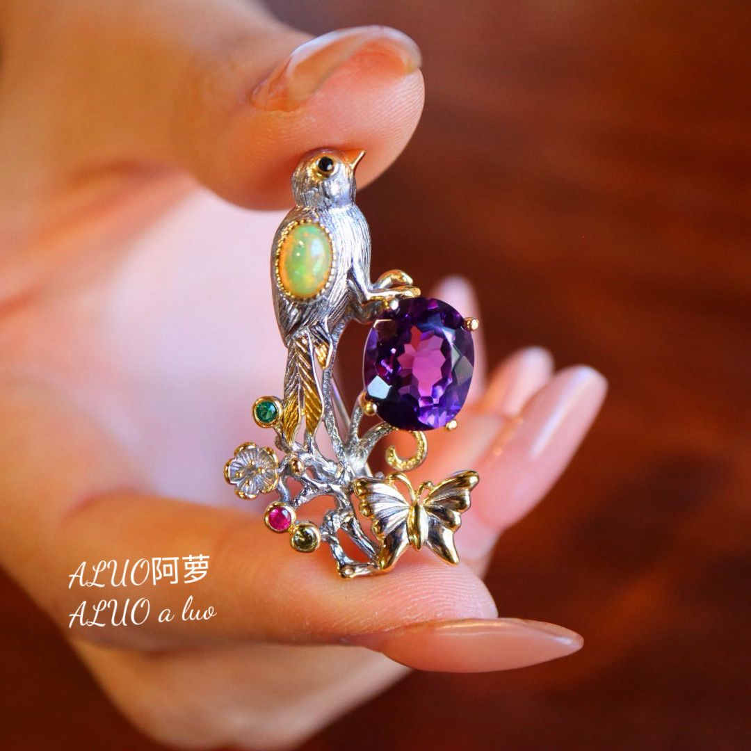 天然紫水晶胸针吊坠两用欧泊通体s925银镀金分色镶嵌意大利工艺女
