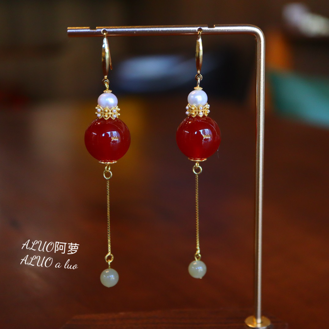 天然红玛瑙耳环淡水珍珠和田玉搭配原创设计饰品女中国风复古中式