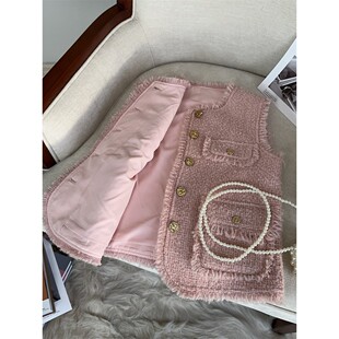 【现货】经典流苏粉色减龄小香风马甲女时髦洋气无袖马夹上衣