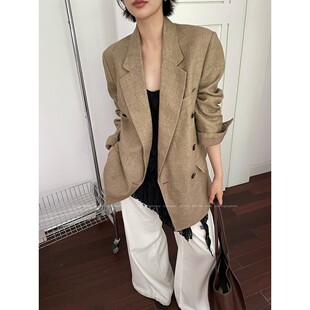 【现货秒发】卡其色亚麻+棉时尚通勤气质老钱风西装外套秋季上新