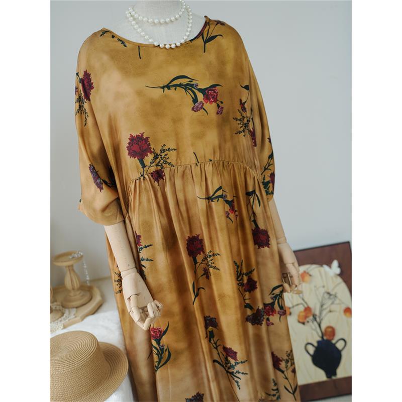 高奢设计师款 植物染色脏染做旧宽松长款印花连衣裙女A00523