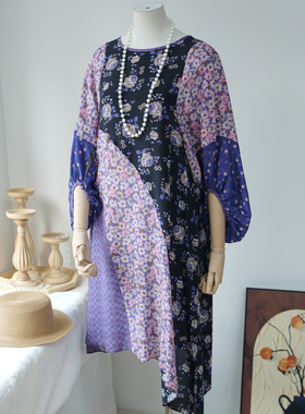 【现货】复古拼色碎花设计感圆领桑蚕丝连衣裙2025夏季新款A00358