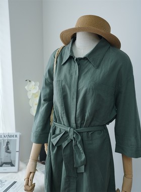 【现货】100%亚麻法式素雅复古收腰显瘦自带腰带连衣裙夏款A21237