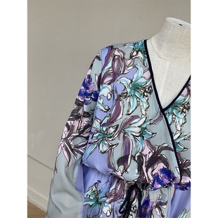 波西米亚世界风 国风提花盘扣立领百合印花连衣裙旗袍裙子A21202