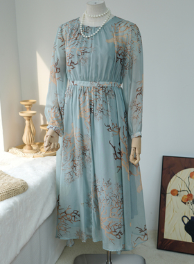 【现货】蓝青花瓷桑蚕丝国风复古气质圆领冰凉感连衣裙夏季A00582