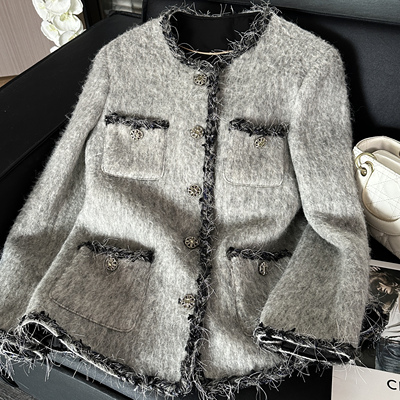 【现货秒发】海马毛灰色高定羊毛混纺显瘦财阀千金小香风短款外套