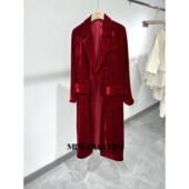 女收腰系带双排扣连衣 西服领风衣长款 现货 真丝丝绒酒红色长袖