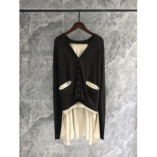 【现货】假两件羊绒羊毛撞色长短设计桑蚕丝廓形开衫外套毛衣开衫