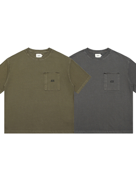 款号T2412-P65   重磅280克口袋印花成衣蜡染做旧圆领T恤