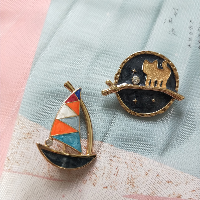 手绘一帆风顺帆船胸针徽章别针西装毛衣开衫配饰胸花星空猫咪毕业