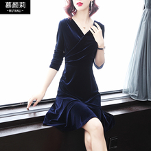 复古修身 长袖 丝绒鱼尾裙 金丝绒连衣裙女2019秋冬新款 气质v领法式