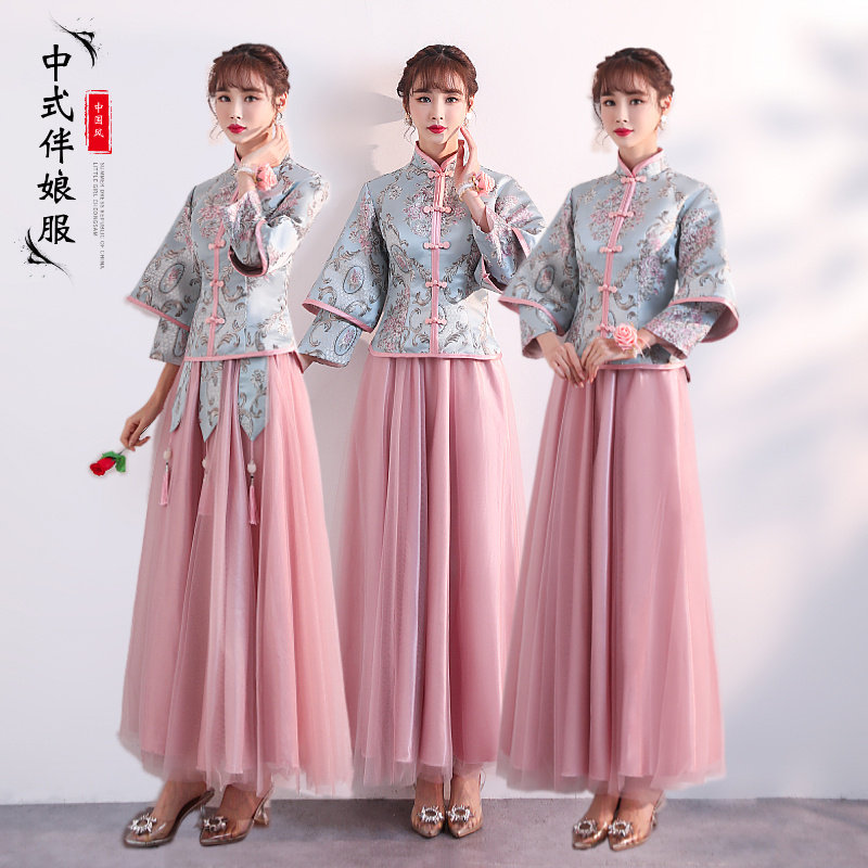 伴娘服2024新款中式新娘伴娘团创意姐妹裙中国风长款修身礼服春夏