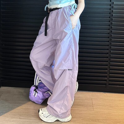 女童工装裤夏薄款2025新款儿童紫色裤子网红女大童又酷又飒的夏装