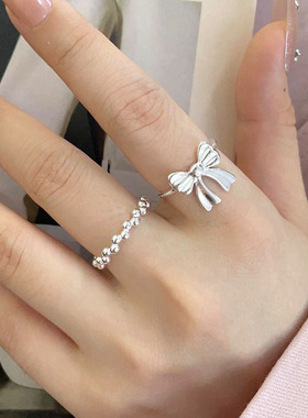 甜美蝴蝶结戒指女百搭时尚个性简约S925镀银开口可调节指环食指