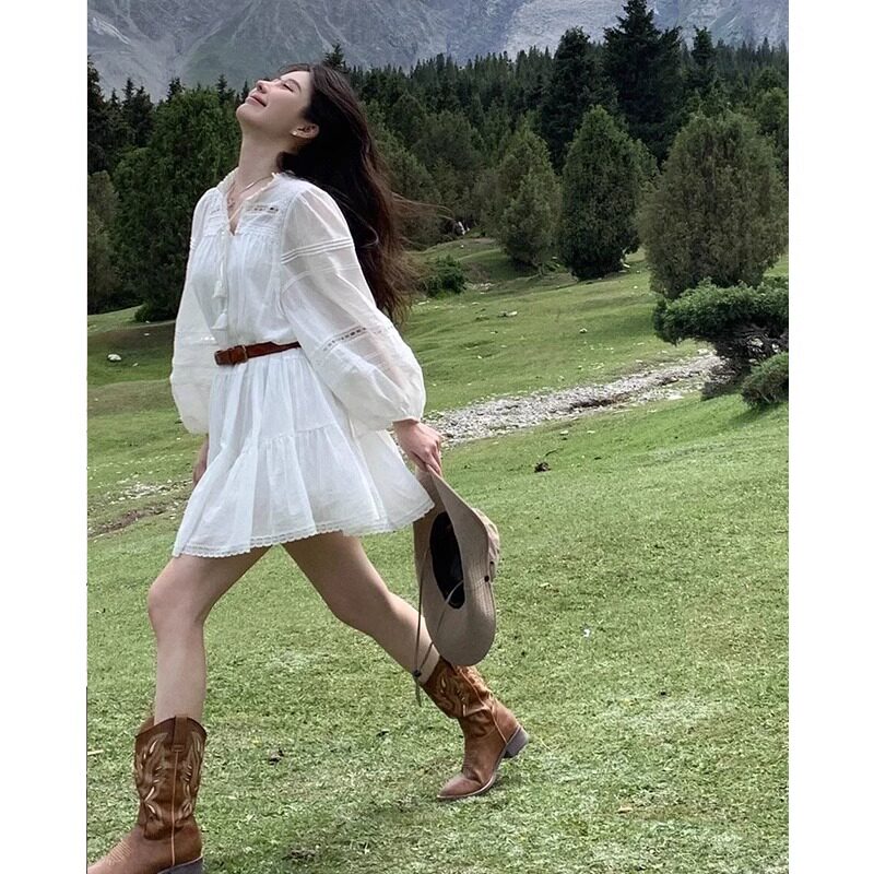 好货何穗同款西部牛仔靴女靴子复古骑士靴夏季薄款民族风长筒靴马