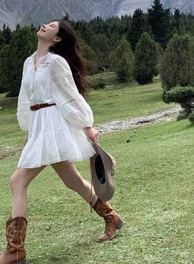 好货何穗同款西部牛仔靴女靴子复古骑士靴夏季薄款民族风长筒靴马