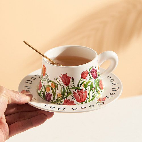 咖啡杯碟手绘拿铁杯套装家用中古油画礼物陶瓷杯子小众设计高级感