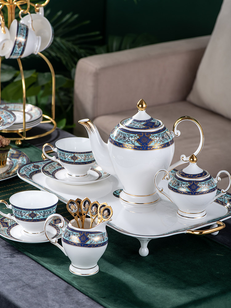 Blue court style high bone china export English afternoon tea set European retro household coffee cup set with tray