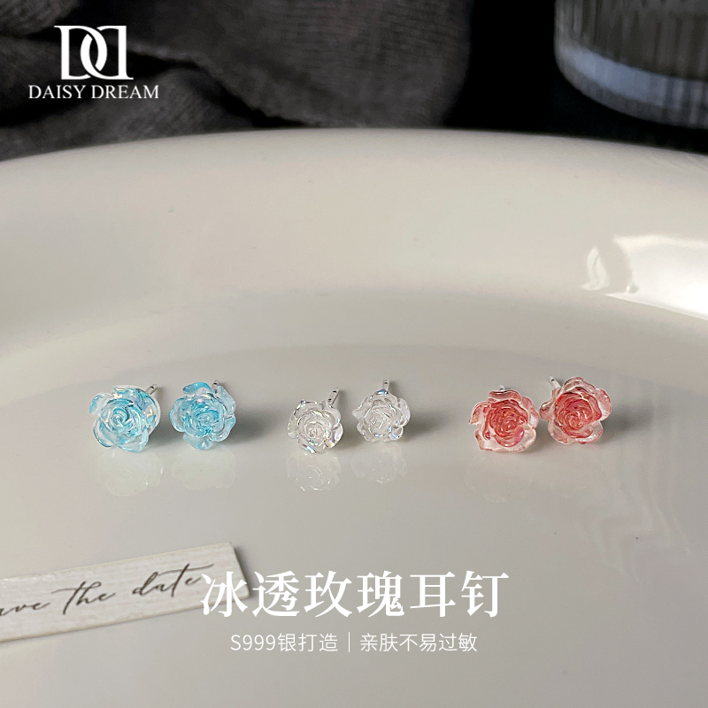 S999纯银彩色山茶花耳钉女