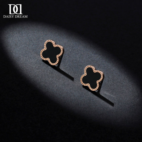 黑色四叶草耳钉女18k玫瑰金钛钢