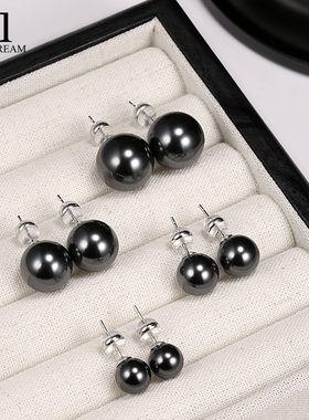 999纯银大溪地黑色珍珠耳钉女ins风轻奢小众正圆耳环气质高级耳饰