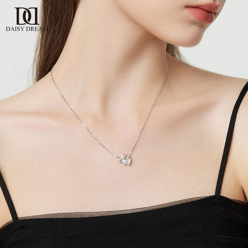 999纯银闪钻蝴蝶结爱心项链轻奢