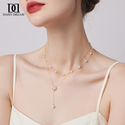 简约山茶花双层珍珠项链