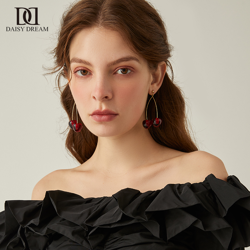 红色樱桃耳环女长款车厘子韩国2020年新款潮个性耳钉网红纯银耳饰