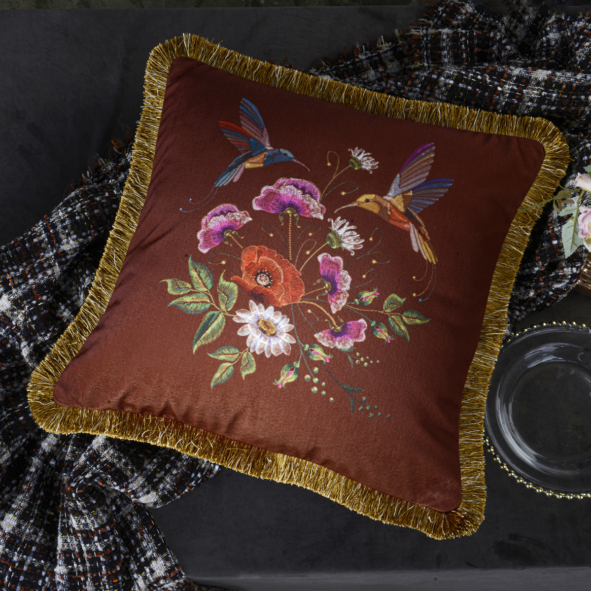 轻奢华印花流苏抱枕套沙发靠垫套