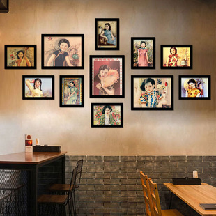 老上海广告画月份牌美女装饰画招贴画酒吧饭店组合墙画剧本杀挂画