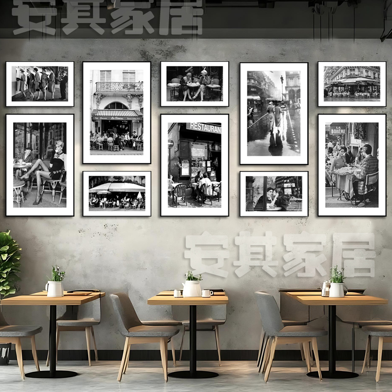 欧洲巴黎街景黑白人物摄影装饰画咖啡厅时尚优雅气质美女餐厅壁画