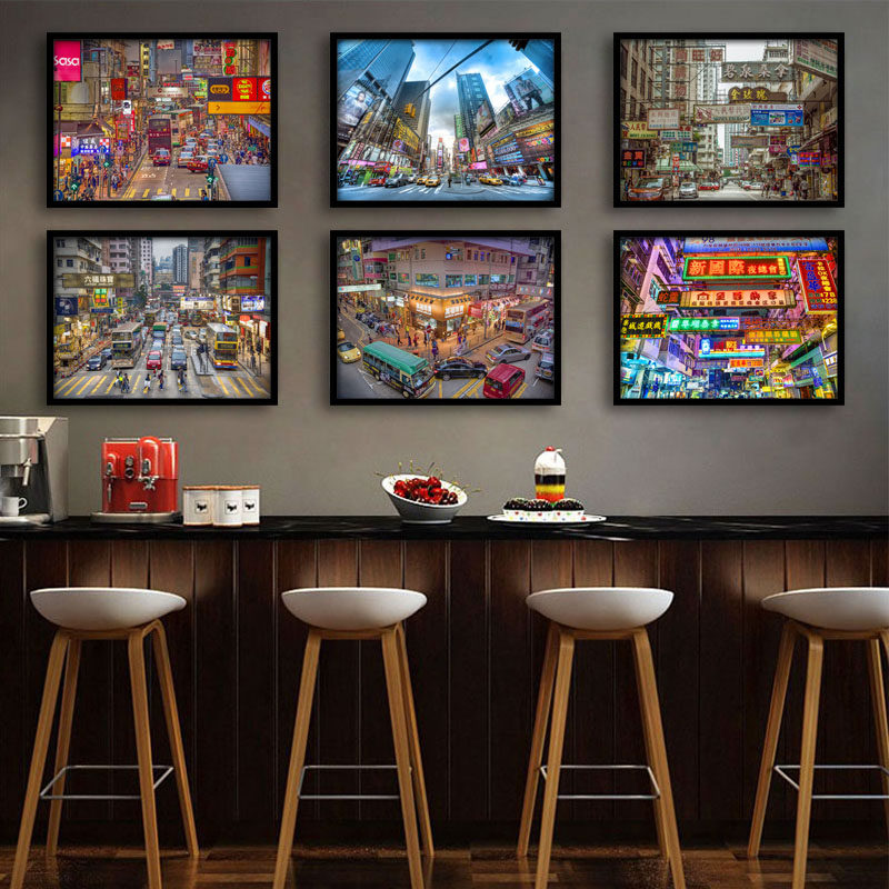 老香港街景挂画港式茶餐厅港风饭店农家乐装饰画怀旧照片墙壁画