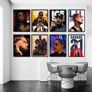 hiphop嘻哈歌手说唱挂画男士理发店barbershop装饰画酒吧墙面壁画