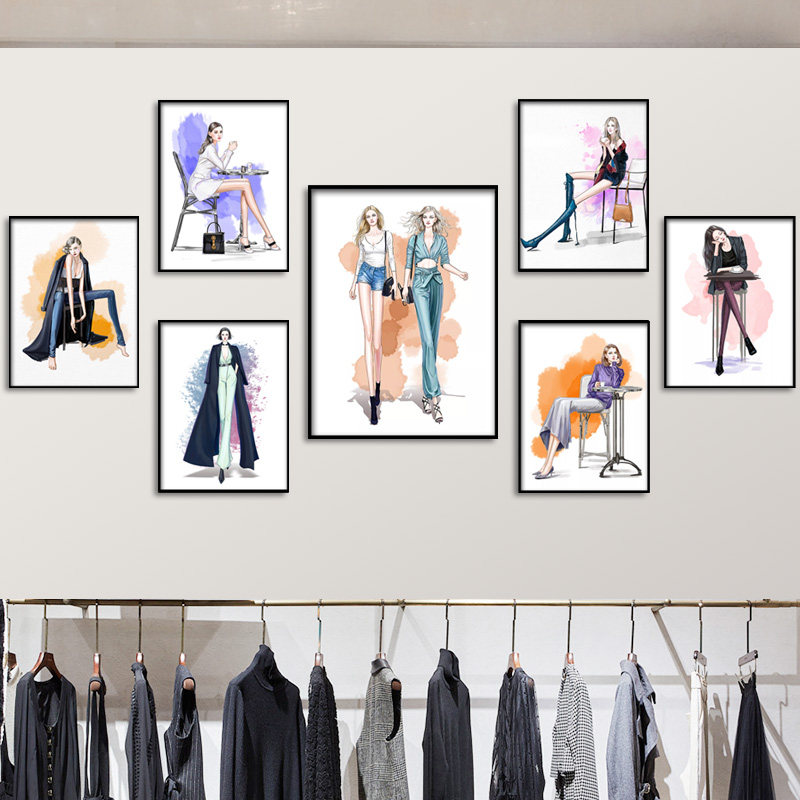 服装店装饰画创意手绘女装挂画收银台橱窗背景挂墙试衣间壁画