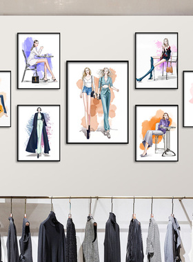 服装店装饰画创意手绘女装挂画收银台橱窗背景挂墙试衣间壁画