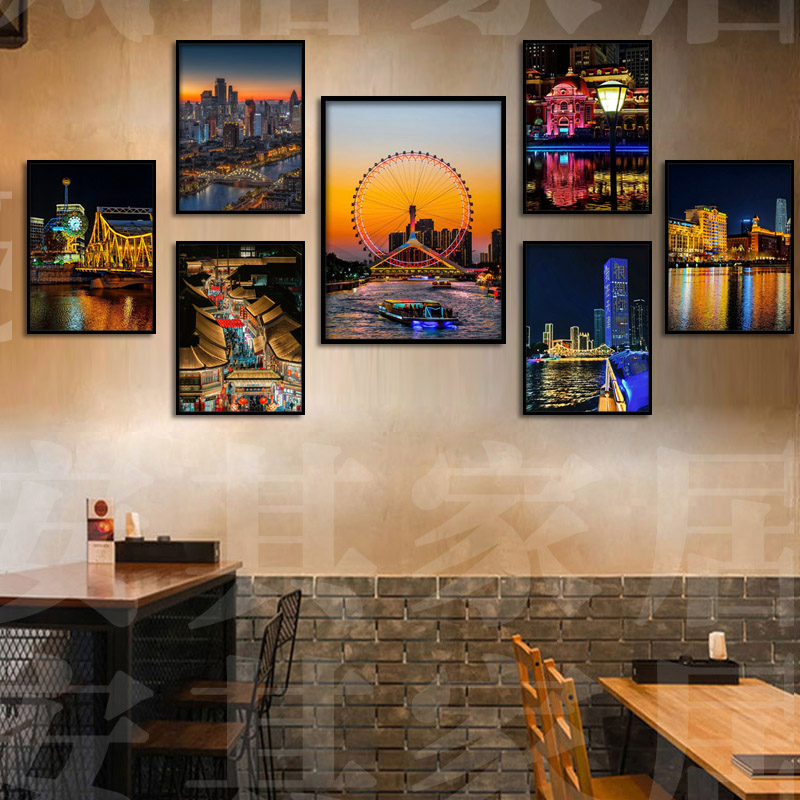 天津城市建筑组合挂画饭店餐厅天津之眼夜景装饰画酒店民宿风景画图片