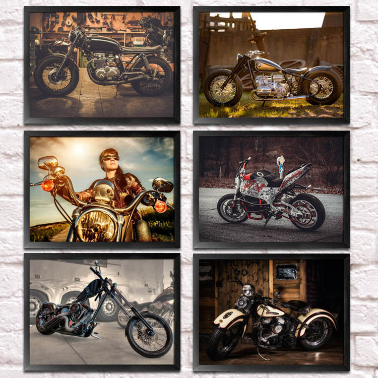 哈雷摩托机车装饰画怀旧餐厅海报壁画酒吧挂画咖啡厅工业风格墙画