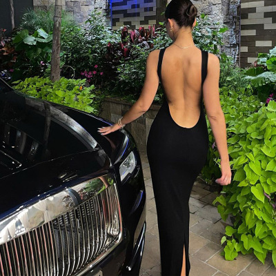 sexy backless spilt long dress性感露背修身圆领无袖开叉连衣裙