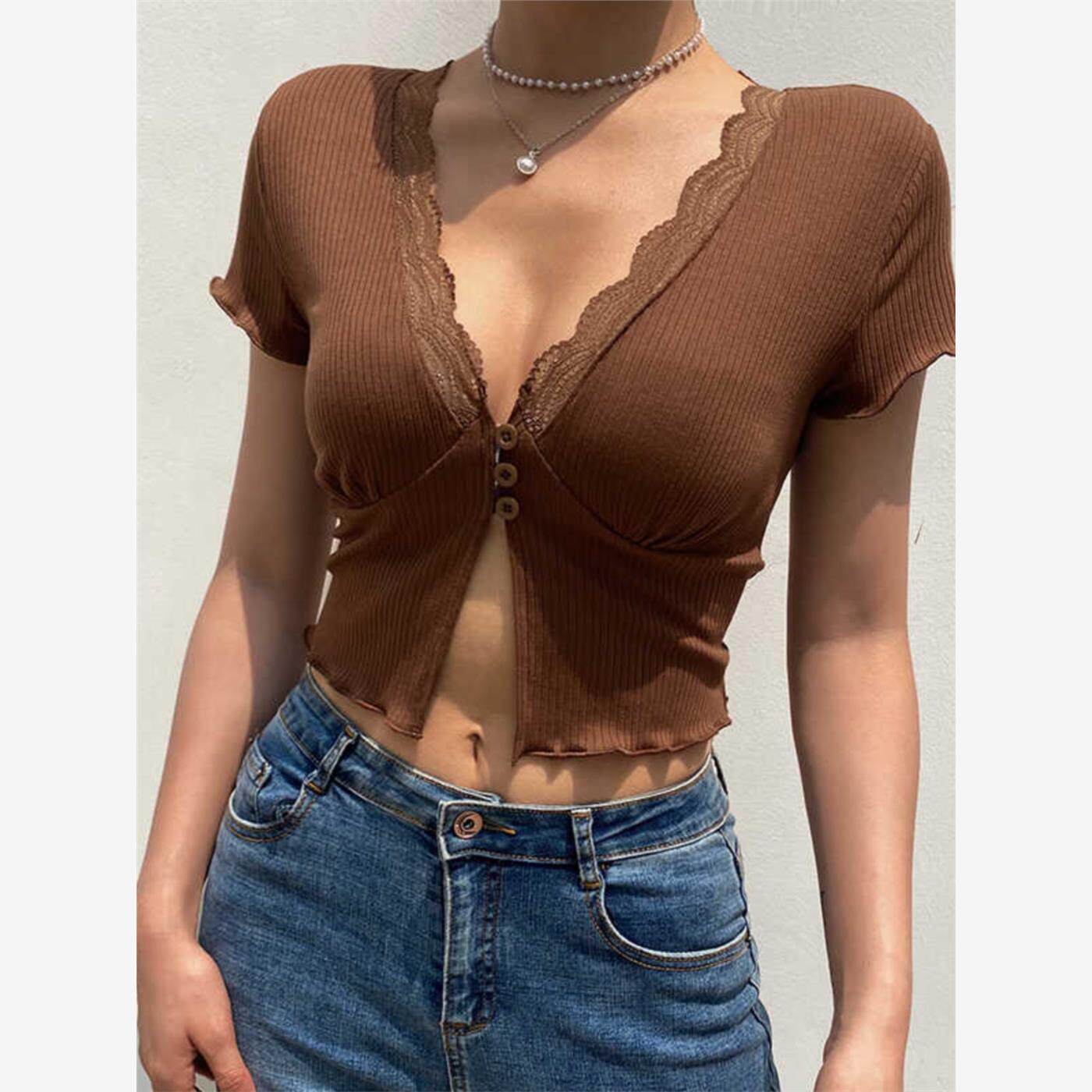 欧美露脐短款短袖t恤女夏蕾丝花边纯欲v领性感开衫针织辣妹上衣