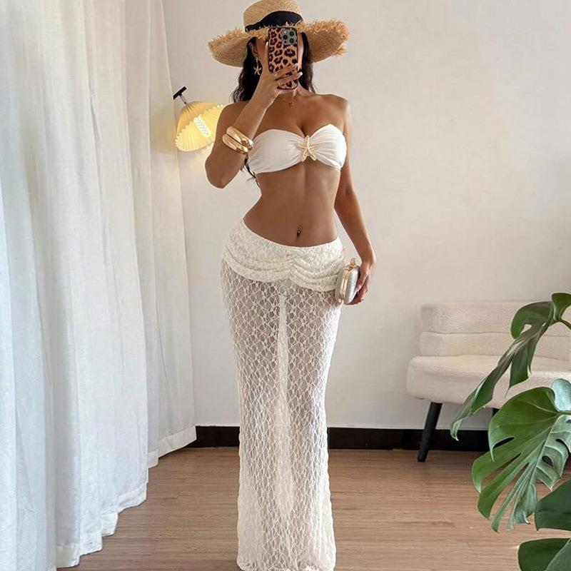 夏日清凉性感绑带抹胸蕾丝长裙两件式套装女透视三角半身裙超短裹