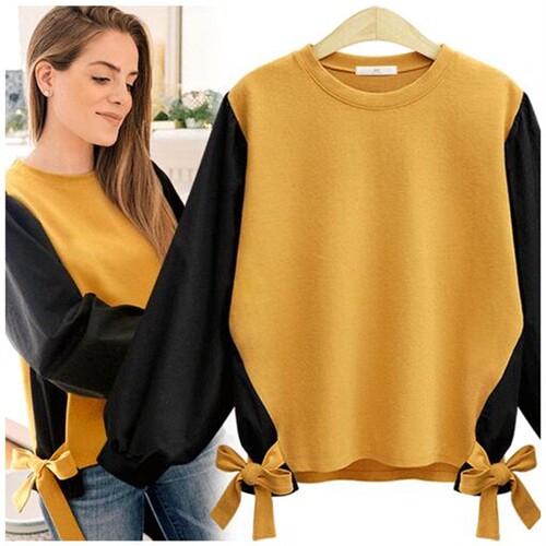 L-4XL women T shirt casual ladies tops加大圆领拼接蝴蝶结上衣