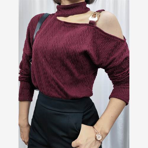 T-shirt欧美风春秋女性感露肩斜领宽松显瘦针织衫长袖T恤挂脖上衣