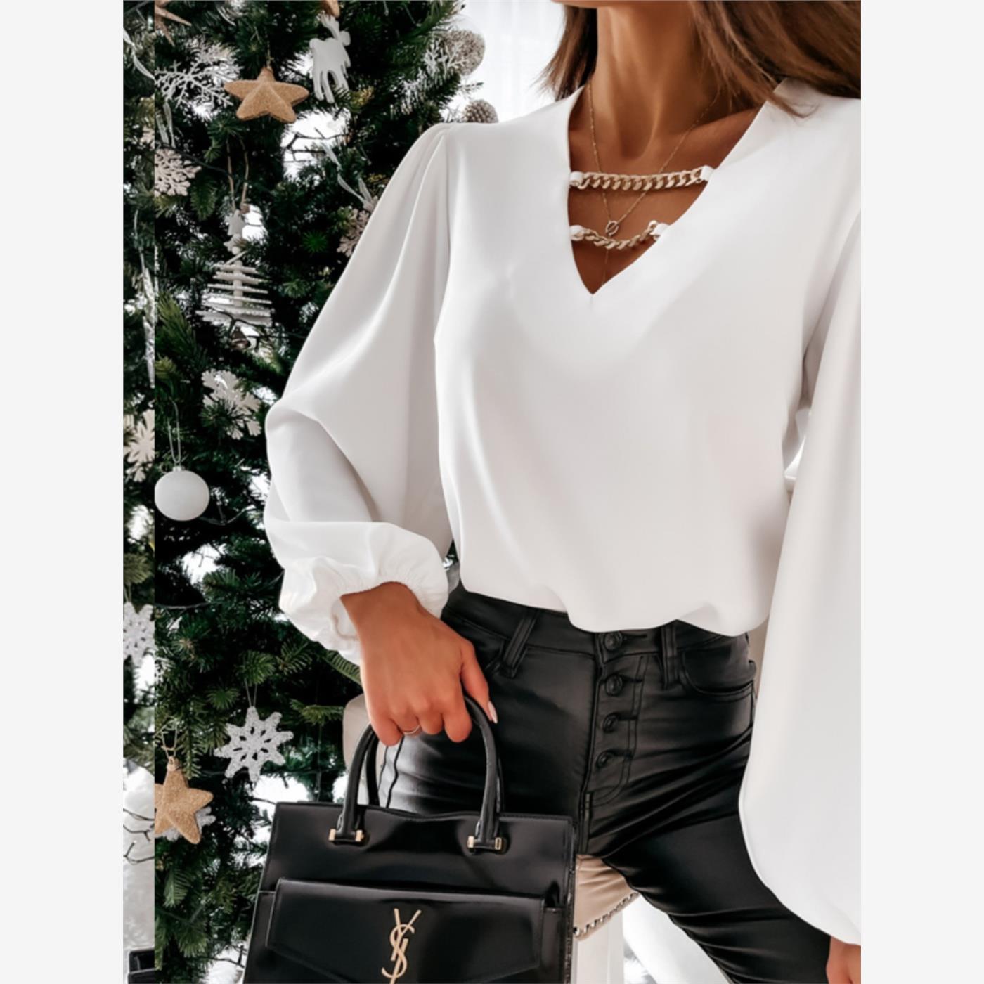 欧美风春宽松灯笼袖低领百搭链条长袖衬衣套头衬衫blouse shirt女