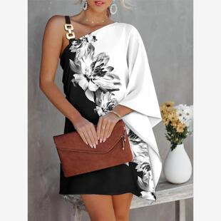 欧美气质女装夏季斜领单肩吊带连衣裙印花露肩单袖宽松酒会裙子