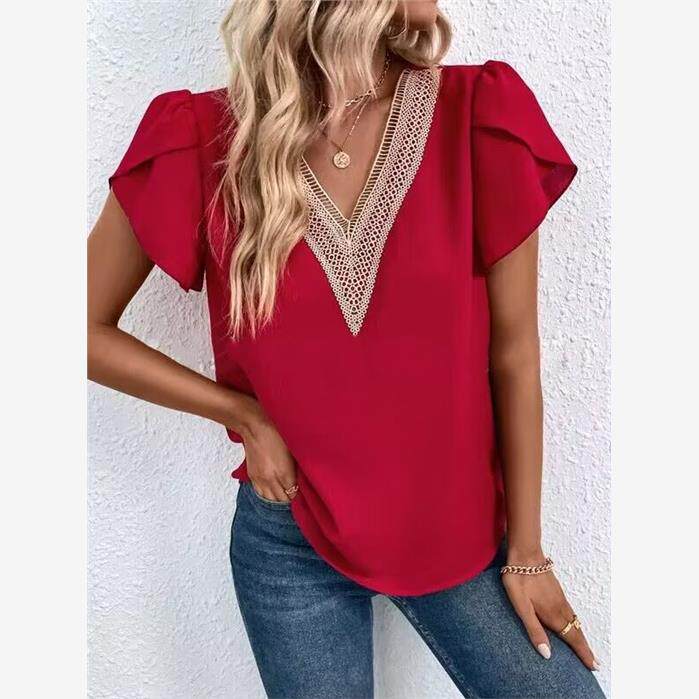 欧美风夏季甜美荷叶袖V领显瘦短袖雪纺衬衫蕾丝镂空百搭上衣女top