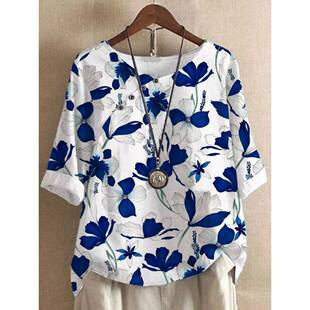 外贸女装夏季新品亚马逊wish速卖通爆款印花复古棉麻短袖T恤上衣