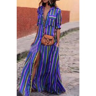 loose Printed with colored skirt stripes休閑彩色條紋襯衣長(zhǎng)裙