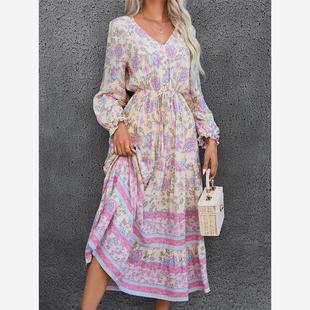 春季欧美波西米亚度假民族风碎花收腰系带棉绸长袖连衣裙长裙子