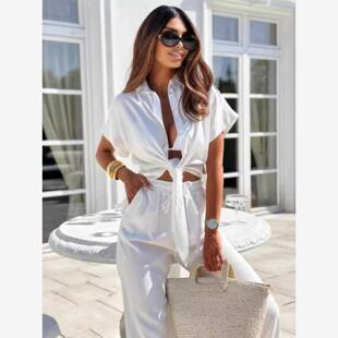 欧美休闲套装夏季直筒长裤系带白色拧结短袖衬衫高个子两件套装女
